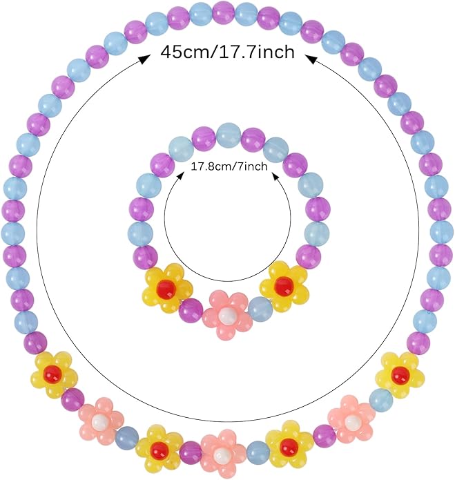 Girls Jewelry Set - Cute Flower Beads Necklace Bracelet-Toddler Girls Flower Jewelry - Stretchy Chunky Costume Jewelry Present Toy-Yellow