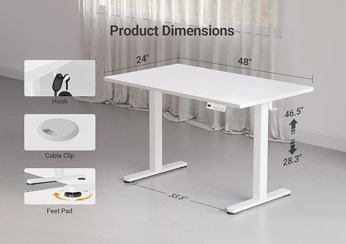 YDN Electric Standing Desk Adjustable Height, 48 x 24 Inches Stand up Desk with Cable Management, Home Office Desks with Splice Board & White Frame, White Top