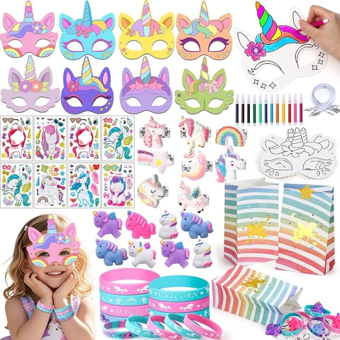 96PCS Unicorn Party Favors for Kids Coloring Masks DIY Craft Fufu Stress Toys Watercolor Pen Rings Stickers Bracelets Gifts Goodie Bags Pinata Fillers Stuffers Girls Unicorn Birthday Party Supplies