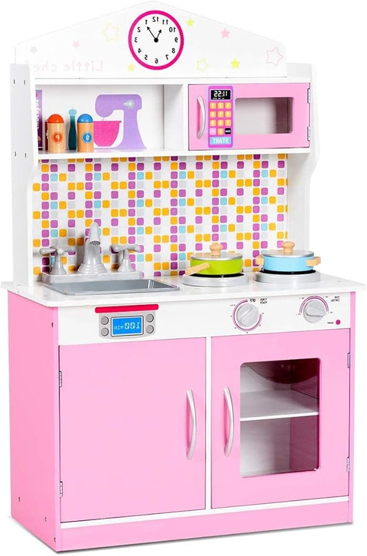 FFlyer Kids Kitchen Playset, Wooden Pretend Cooking Playset w/Cookware Accessories, Removable Sink, Microwave, Display Shelf, Toddler Pretend Play Kitchen Toy, Best Gift for Girl, Pink