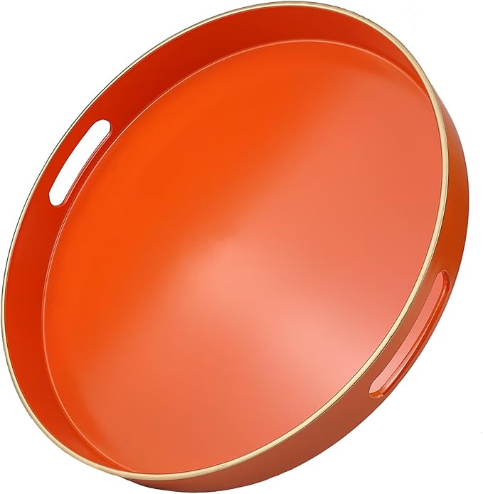 Omuriko Orange Round Decorative Tray with Handles, 13" Versatile Serving Tray for Coffee Table, Ottoman, Ideal for Serving, Displaying, Organizing
