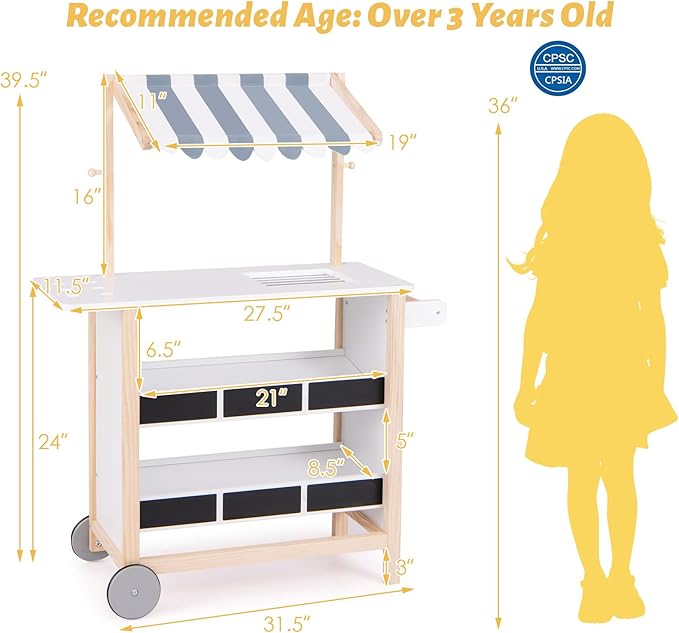 Fireflowery Kids Grocery Store Pretend Play, Wooden Ice Cream Cart w/ 6 Pieces Play Food, Bell, Scale, Toy Grocery Store Playset, Play Store for Kids, Toddlers, Boys, Girls Age 3+ (White Canopy)