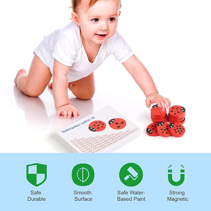 WODI Wooden Counting Ladybugs 0-10 Alphabets & Numbers Sorting Montessori Educational Toys for Toddlers Girls&Boys 3+ Learning to Count Cards Matching Painted Ladybug Toy