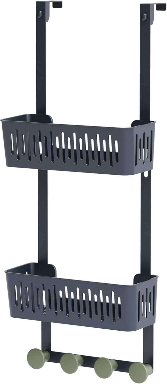 Zenna Home SnugFit Over the Door Caddy Organizer with 2 Storage Baskets and 4 Hooks, Over Door Hanging Organizer for Bathroom, Kitchen, Bedroom, Closet, Easy to Install, No Drilling, Blue