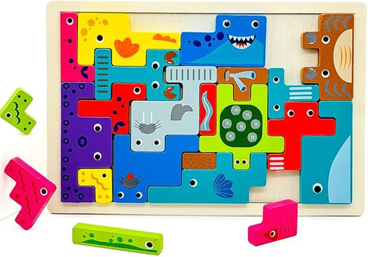 Wooden Blocks Puzzle Russian Blocks for Kids Age 3 4 5 Years Old, Children's Puzzle Game Board Learning Education Montessori Toddler Puzzle Wooden Toys for Kids Birthday Party Gift (Ocean)