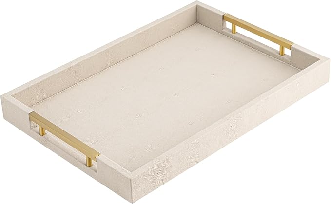 Beige Faux Leather Serving Tray with Handles – Large Decorative Tray for Coffee Table, Ottoman, Living Room, Bathroom – Home Decor