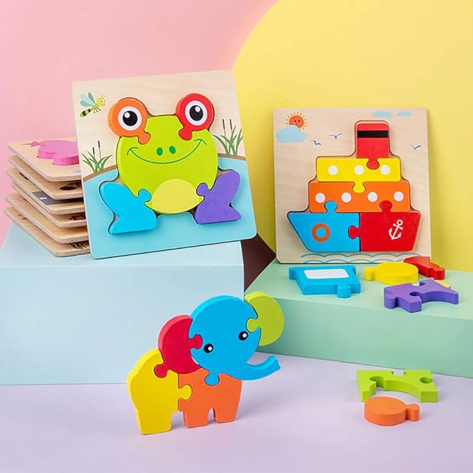 SKYFIELD Wooden Animal Toddler Puzzles for 1 2 3 Years Old Boys & Girls, Baby STEM Educational Toy Gift with 4 Animals Montessori Bright Color Shapes Learning Puzzles,Great Gift Ideas for 1-3