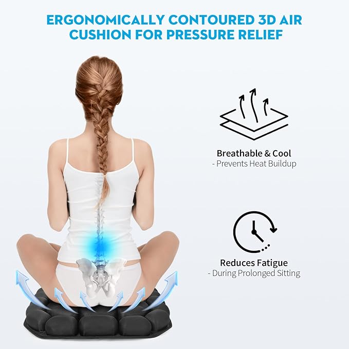 Airplane Seat Cushion for Long Flights, Inflatable & Portable Travel Cushion for Tailbone Pain Relief, Pressure Relief Car Seat Cushion for Office Chair and Wheelchair Use