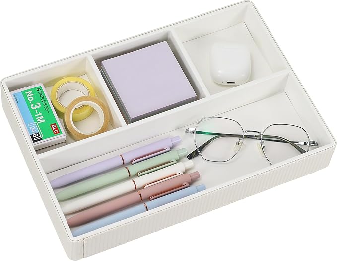 Buqoo PU Valet Storage Tray, Office Supplies Organizer, Stackable Desktop Organizer and Accessories Drawer Organizer for Storing Office Supplies, Jewelry, Cosmetics, White