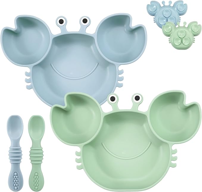 PandaEar 2 Pack Silicone Suction Plate for Baby, Divided Unbreakable Toddler Food Plate with 2 Pack Spoons for Self Feeding, Toddler Utensils Feeding Set Baby Eating Supplies, Crab Shape -Blue&Green