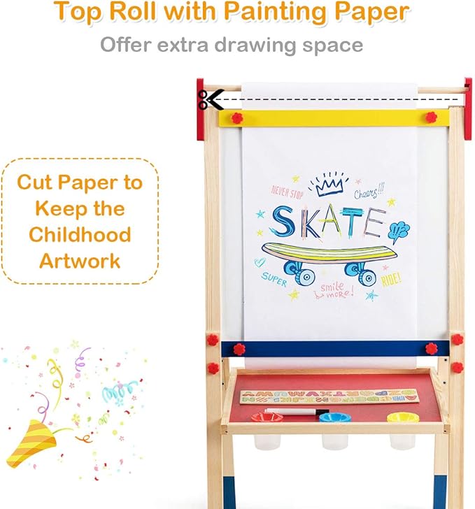 HONEY JOY Easel for Kids, Wooden Height Adjustable Standing Toddler Easel w/Magnetic Chalkboard & White Board, Paper Roll, Painting Accessories, Magnetic Alphabet, Art Easel for Boys Girls, Natural