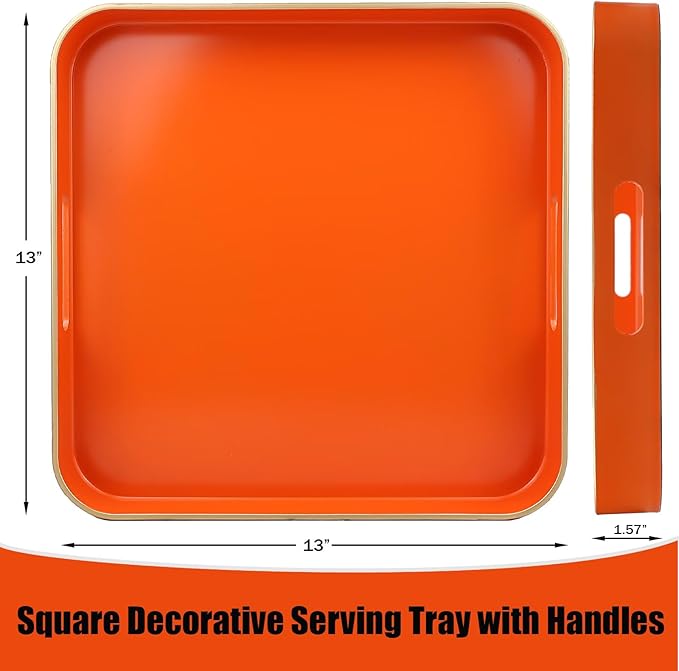 Omuriko Orange Square Decorative Tray with Handles, 13"*13" Versatile Serving Tray for Coffee Table, Ottoman, Ideal for Serving, Displaying, Organizing