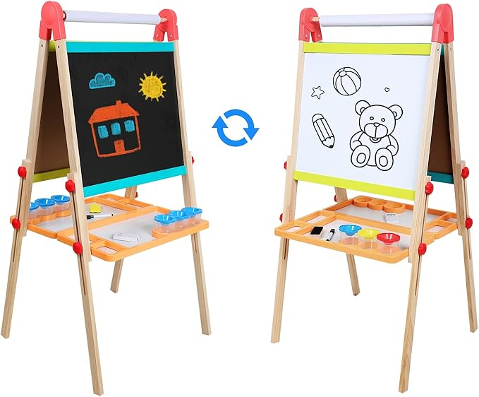 Kids Art Easel with Paper Roll, Art Easel Wooden Easel for Toddlers, Foldable Painting Easel for 2-12 Years Children, Height Adjustable Drawing Outdoor Easel