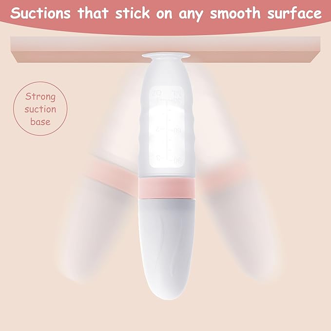 WAJIAYON Baby Food Feeder 4 Pack Silicone Baby Food Dispensing Spoon-3 oz Squeeze Feeding Spoons with Suction Cup for Boys Girl Kids Toddlers - Self Feeding Bottle Spoon-Sakura Pink
