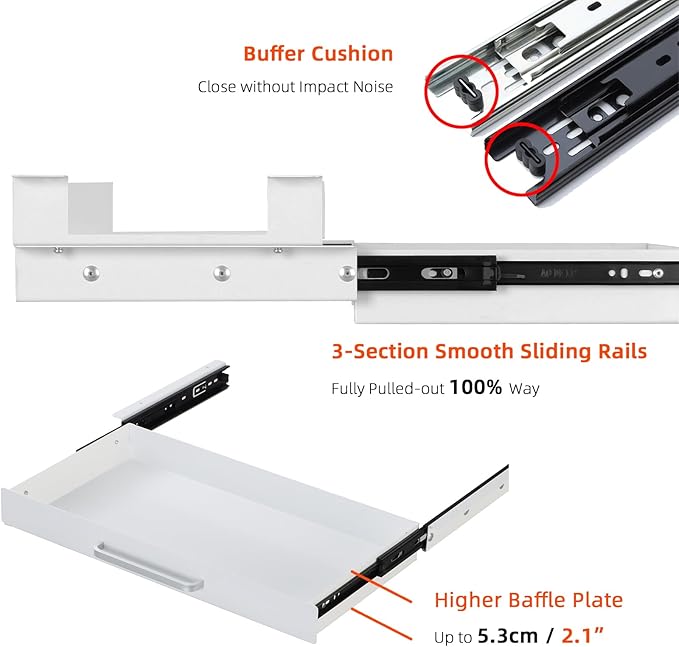 OSteed Under Desk Drawer White 21" with 4 Divider Trays, Under Shelf Pencil Drawer Pull-out, Standing Desk Metal Storage Attachment Slide Out for Workbench