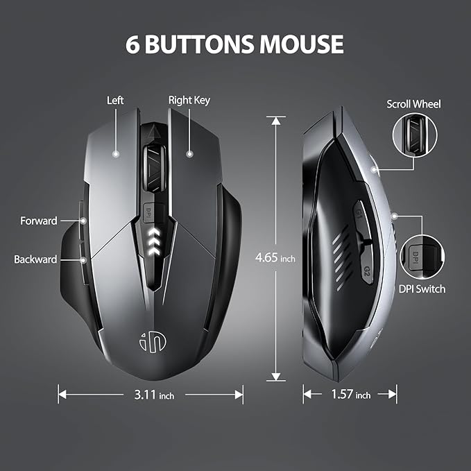 INPHIC Bluetooth Mouse Wireless, Tri-Mode, Upgraded Visible Battery, 2400 DPI, Silent Ergonomic Computer Mice, Mac, PC etc.-Gray