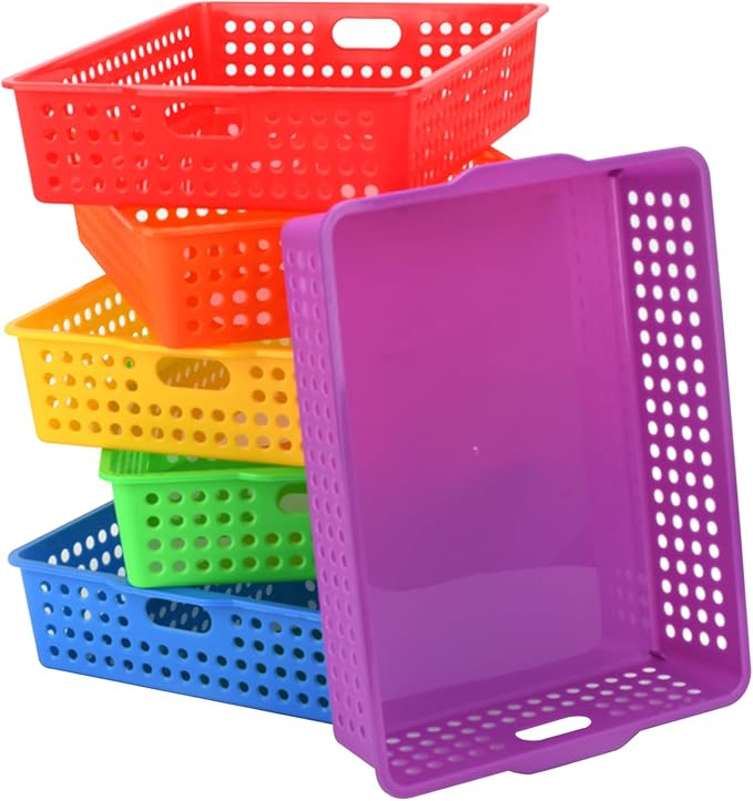 6-Pack Stackable Paper Trays with Handles, Modern Desktop Organizer for A4 Documents, Homework Turn-in Bins for Classroom & Office Use (Rainbow)