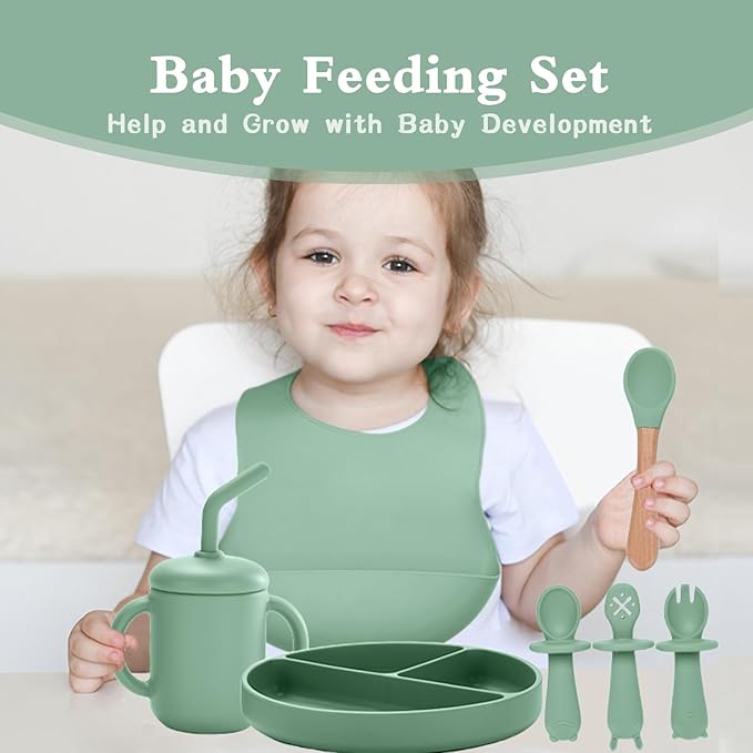 Silicone Baby Feeding Set,13PCS Baby Feeding Essentials with Suction Bowl and Plate,Spoons & Forks,Bib & Cup,Baby Toothbrush,Baby Led Weaning Supplies for 6+ Months,Baby Eating Essentials(Light Green)