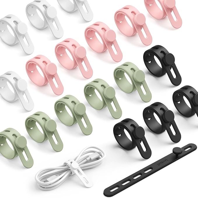 Lamicall 20Pack Silicone Cable Ties Cord Organizer - [4 Adjustable Holes] Multi Color Elastic Reusable Cord Wraps Management, Home Organizer Ties for Phone Charger Electrical Cable, Travel Essentials