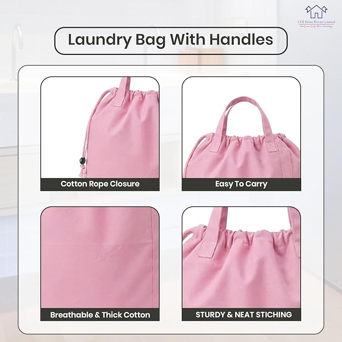 LFH Home Large Premium Cotton Canvas Laundry Bag with Drawstring and Handles Heavy Duty, Multi-Use, Washable for Home, Travel, College or Storage 28x40 (Pack of 4)-Pink