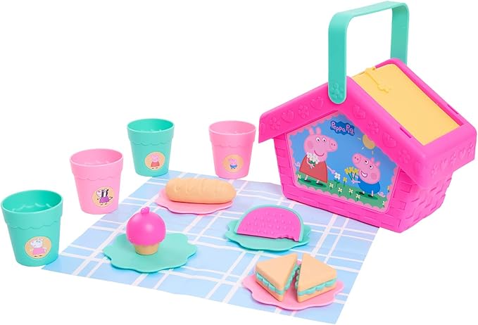 Just Play Peppa Pig Let's Have a Picnic Set, Travel Toy with Handle Includes 4 Settings and Play Food, 15-Pieces, Kids Toys for Ages 3 Up