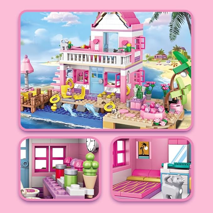Girls Seaside Beach Vacation Villa Building Sets, Girls Holiday Cottage, Creative Dream House Building Blocks Kit Compatible with Lego Friends Construction Educational Toys for Kids Age 6-12+, 822pcs