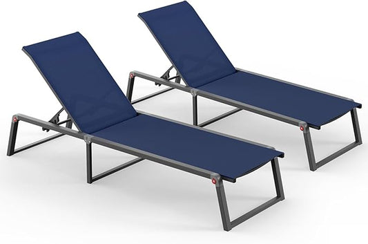 Aluminum Chaise Lounge Outdoor Set of 2, Foldable & Assembly Free Patio Pool Lounge Chairs 5-Position Recliner for Outside Poolside, Fully Grounded Legs Sun Lounger for Beach, Yard, Navy Blue