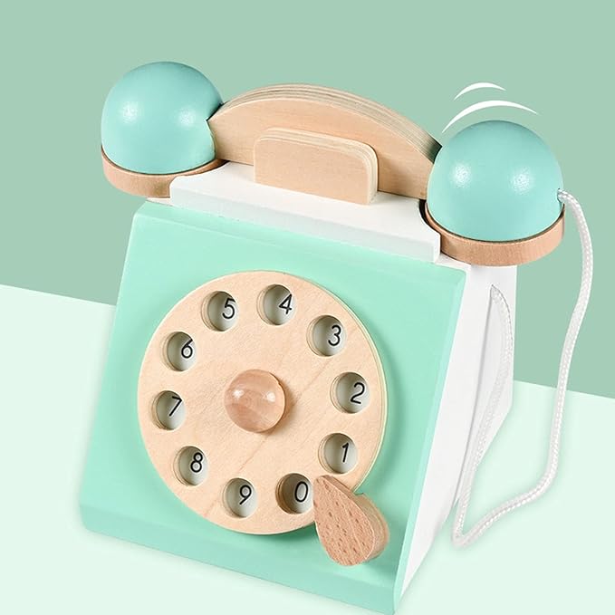 Classic Wooden Telephone, Realistic Vintage Dial Telephone Playset Pretend Play Montessori Interactive for Age 3Y and Up