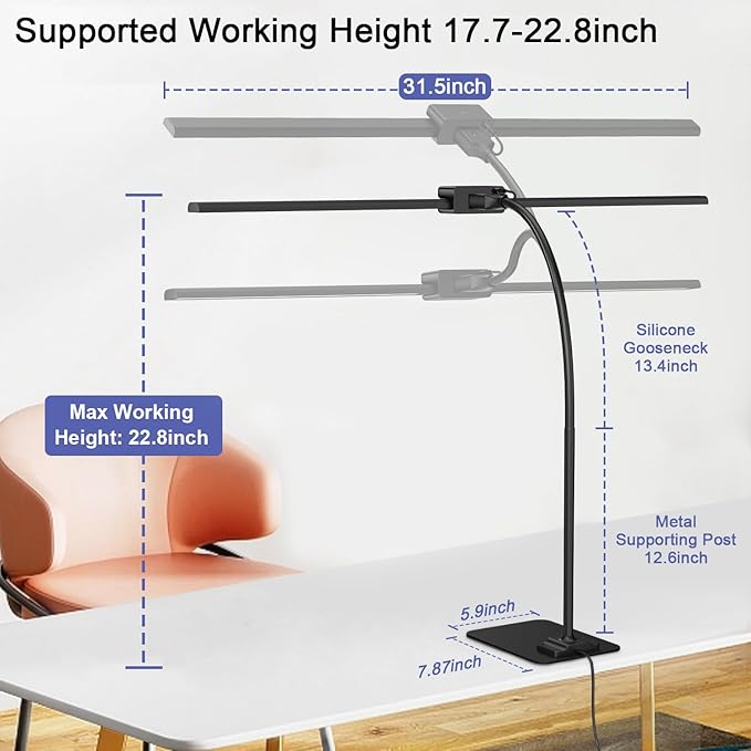 EppieBasic Led Desk Lamp,24W 31.5IN Architect Double Head Desk Lamps for Home Office,Dimmable & 6 Color Modes Extra Bright Modern Table lamp with Base,Overhead Computer Lighting for Workbench Monitor