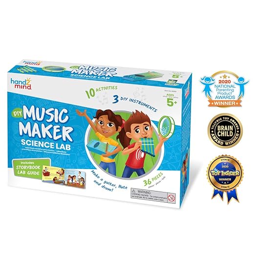 hand2mind Science Kit Music Maker, STEM Activities for Kids Ages 5-7, STEM Toys, Kids Storybook, Pan Flute, Ocean Drum, and Box Guitar, 10 at Home Science Experiments for Kids