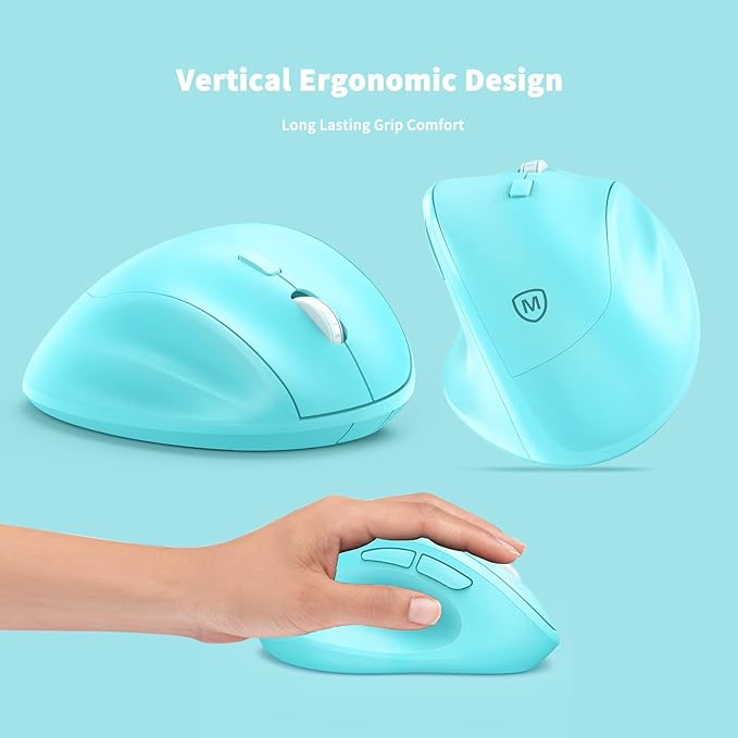Ergonomic Wireless Mouse with USB Receiver for PC Computer, Laptop and Desktop, Ergo Mouse Vertical with Silent Clicks Long Battery Life, Up to 1600 DPI & 1 AA Battery Powered, Blue