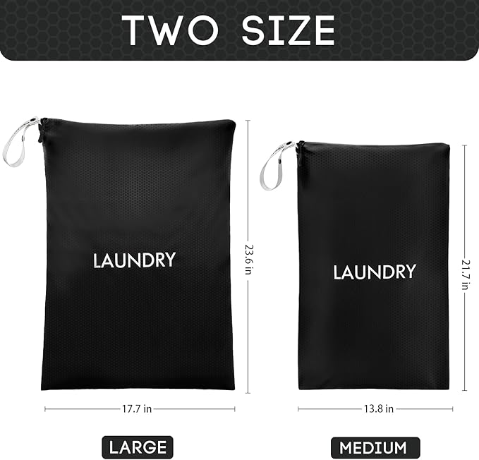 Travel Laundry Bag (2 Pcs - Large + Medium) - Foldable Waterproof Washable Wet Dry Bag for Gym, Swimming, Yoga, and Workout Perfect for Dirty Clothes, Bathing Suits, Travel Accessories Black