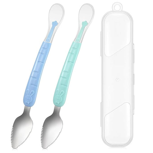 Lallisa 2 Pcs Double Head Baby Silicone Food Spoon Baby Fruit Scraping Mud Spoon Soft Feeding Food Scraper for Infants Fruit Feeding (Cyan and Blue)