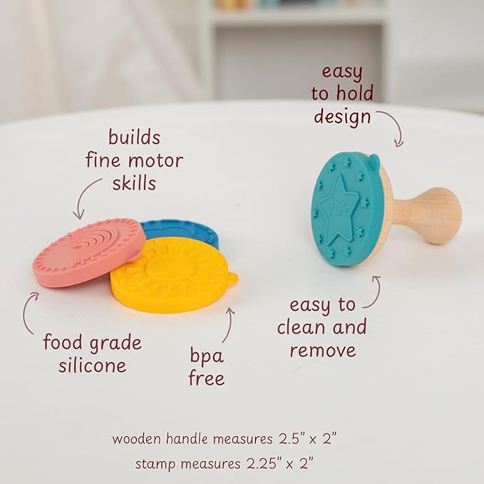 Happy Skies Rubber Stamp with Wood Handle, 4 Interchangeable Silicon Stamps of a Sun, Cloud, Star, and Rainbow, Fun Kids Craft Supplies and Art Supplies, Arts and Crafts for Kids 4-6 and Families