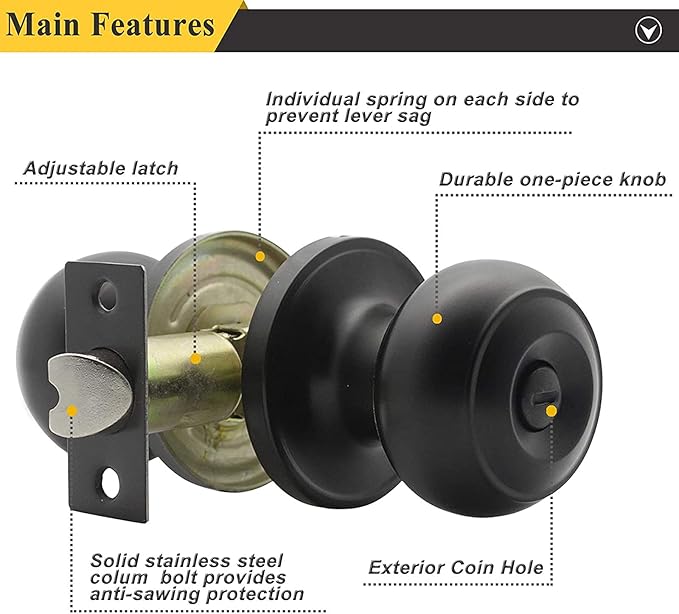 Probrico Bathroom Door Knobs, 10 Pack Interior Door Handles Privacy Function, Keyless Doorknob for Bedroom Bath, Matte Black Finish Door Knob with Solid Latch