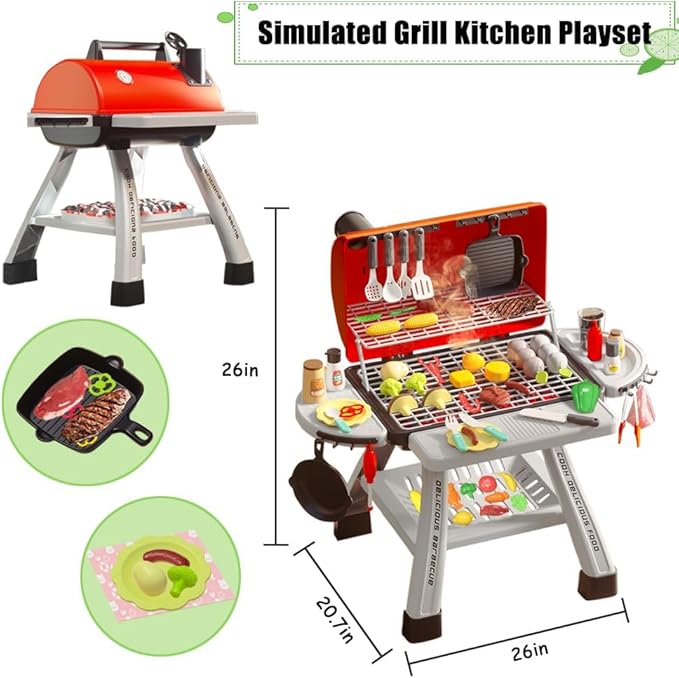 Barbecue Grill Toy Set, Kids BBQ Grill Playset with Smoke Sound Light Simulation Camping Cooking Interactive Toys Christmas Birthday Gift for Toddlers Girls Boys 2-6