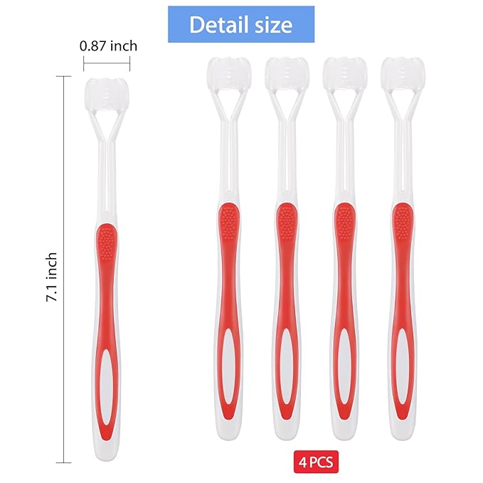 Boao 4 Pieces Three Sided Toothbrush Autism Sensory Toothbrush Bristle Travel Brush for Kids Complete Teeth Gum Care Good Angle Clean Tooth, Soft and Gentle(Red)