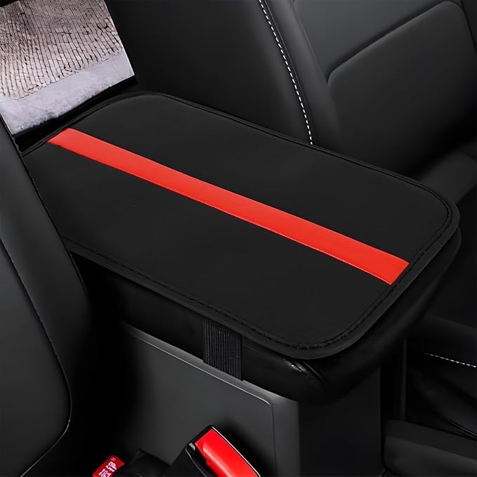 wuyaoyao Car Center Console Cover, 12.6"×7.87" PU Leather Armrest Cover for Cars, Stylish Auto Armrest Cushion Pad, Waterproof Vehicle Arm Rest Protector, Interior Car Accessories (Black+Red)