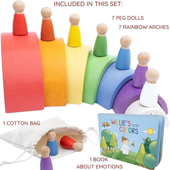 Montessori Nesting Rainbow Toy: Open-Ended Wooden Stacking Set with Arches, Peg Dolls & Story Book for Emotional Intelligence & Creative Play | Ages 3+ | 16 pcs | Premium Quality Tiger Wood