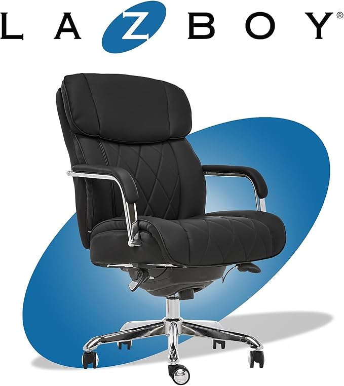 La-Z-Boy Sutherland Quilted Leather Executive Office Chair with Padded Arms, High Back Ergonomic Desk Chair with Lumbar Support, Black Bonded Leather