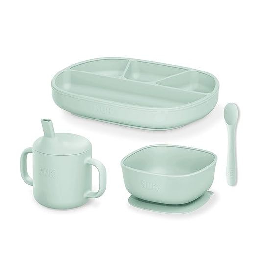 NUK Silicone Baby Tableware Bundle, Includes 1 Plate, 1 Bowl, 1 Cup, & 1 Spoon, Durable Suction Feature Helps Reduce Spills, Microwave-Safe, BPA-Free