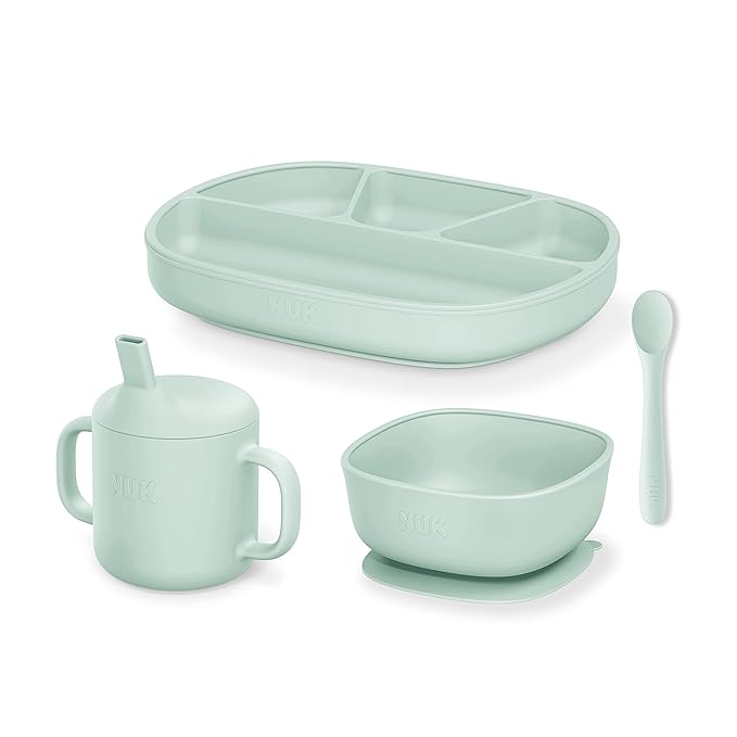 NUK Silicone Baby Tableware Bundle, Includes 1 Plate, 1 Bowl, 1 Cup, & 1 Spoon, Durable Suction Feature Helps Reduce Spills, Microwave-Safe, BPA-Free