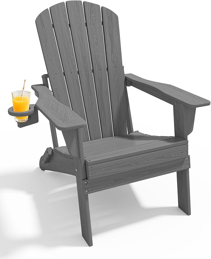 Upgraded Folding Adirondack Chair with All-Weather Cup Holder-EcoVida, Premium Wood Grain Texture, HDPE Waterproof, Suitable for Fire Pit, Patio, Porch,Grey