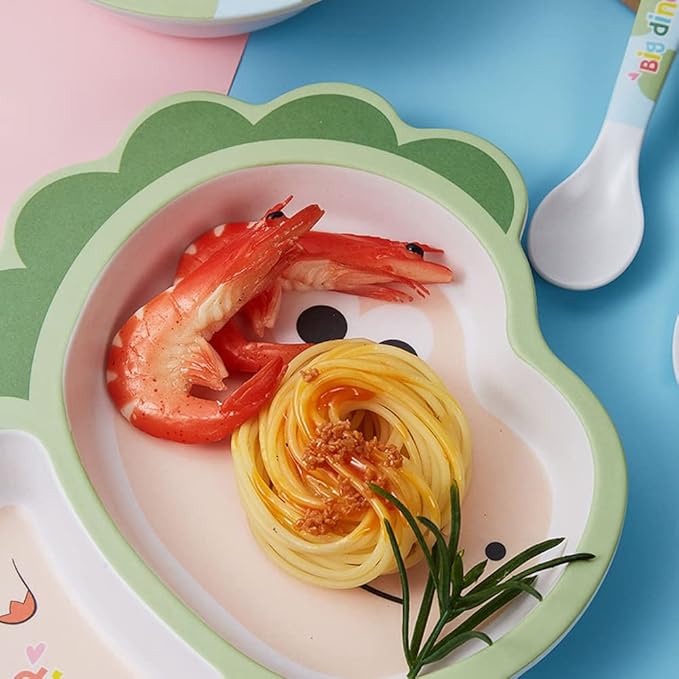 Bamboo Kids Dinnerware Set 5 Pcs Includes Plate Bowl Cup Fork Spoon Perfect for Kids BPA-Free (Little Dinosaur)