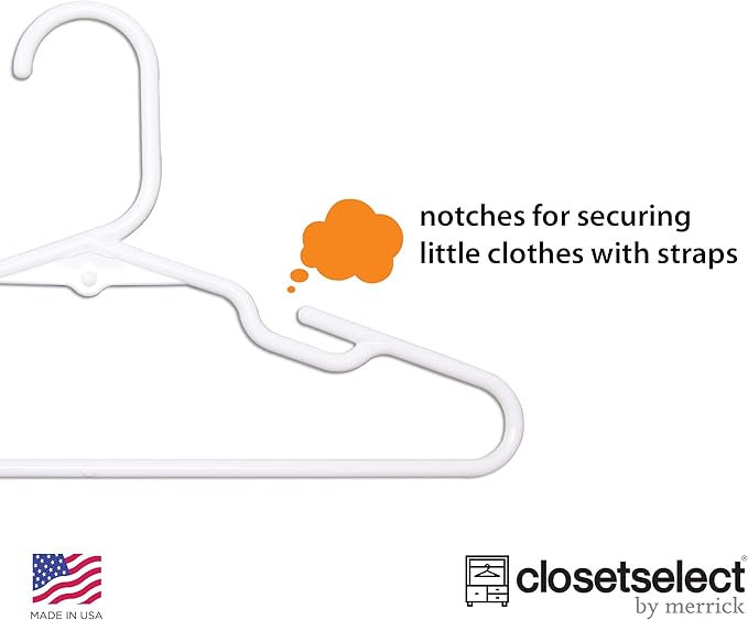 30 Pk Kids Children Hangers Plastic Made in USA, for Children, Infant, Toddler, Baby Clothes, White, 30 Pack Non-Slip