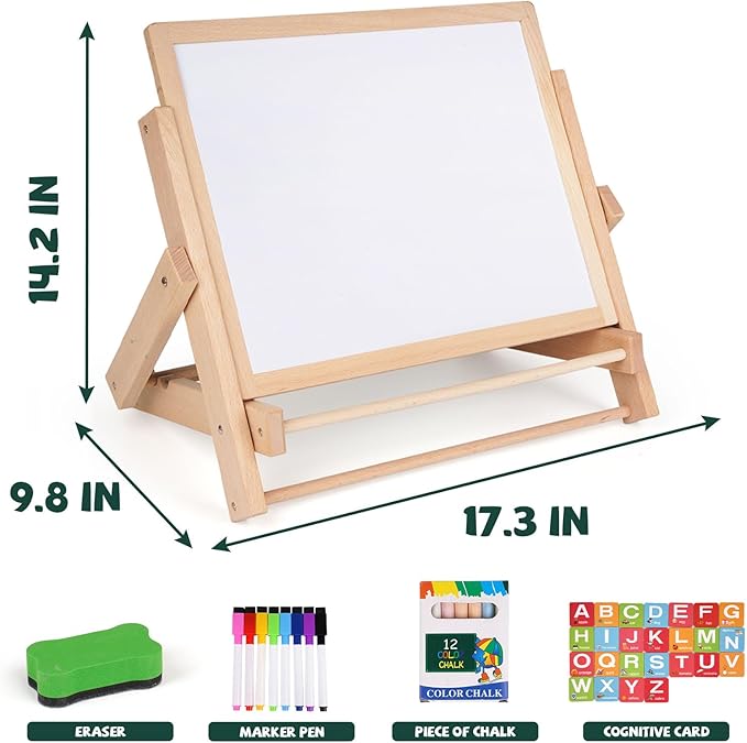 Kids Art Easel with Double-Sided Blackboard and Whiteboard, Wooden Tabletop Easel with Magnetic Letters & Numbers, Foldable Art Board - Educational Drawing & Learning Board for Toddlers & Children