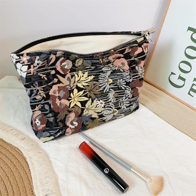 HAPPYHEIDI Cute Floral Makeup Bag Cosmetic Travel Pouch with Bottom and Zipper, Purse Make Up Organizer, Aesthetic Textured Fabric, Large