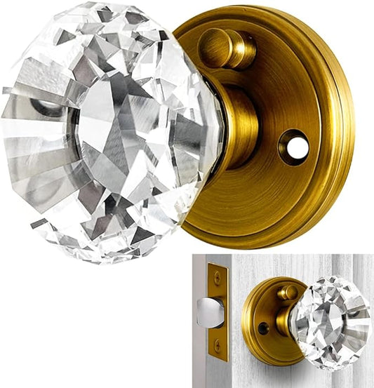 Gold Crystal Door Knobs with Lock, Glass Door Knobs Interior Privacy Set, Brass Vintage Decorative Antique Style Handle for Bedroom, Bathroom, Closet, 1 Pack