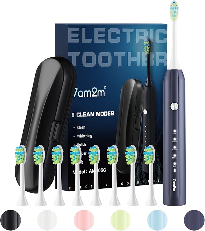 7AM2M Sonic Electric Toothbrush for Adults and Kids, with 8 Brush Heads and Travel Case,5 Modes with 2 Minutes Build in Smart Timer, One Charge Use for 90 Days, Rechargeable Toothbrushes (Navy Blue)