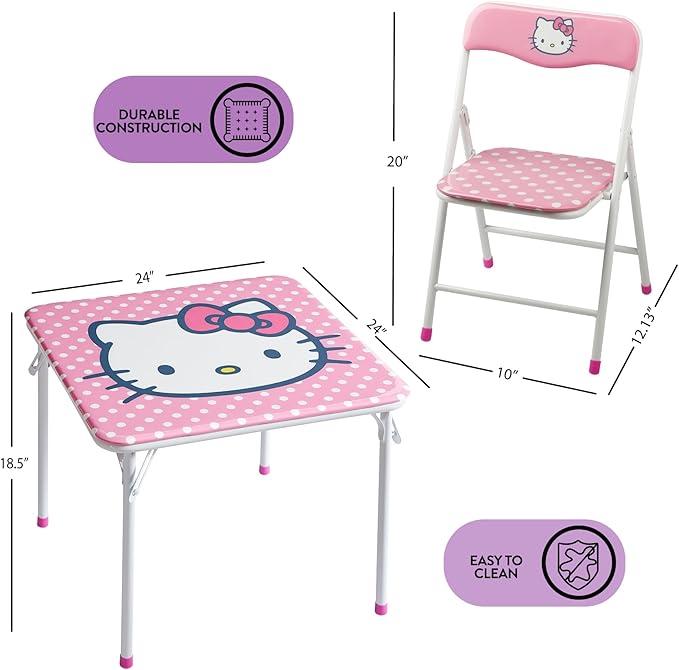 Idea Nuova Sanrio Hello Kitty 3 Piece Children's Activity Square Table and 2 Folding Chairs Set, Ages 3+